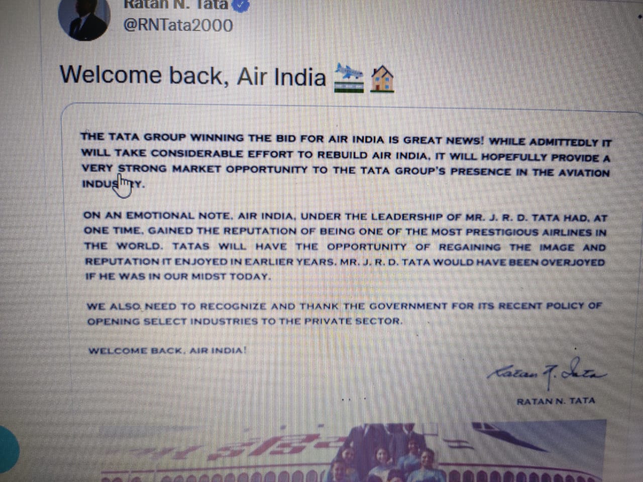 टाटा के हाथ आई एयर इंडिया की कमान: अधिग्रहण की बोली जीत ली